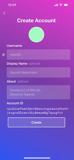 Damus login/signup page